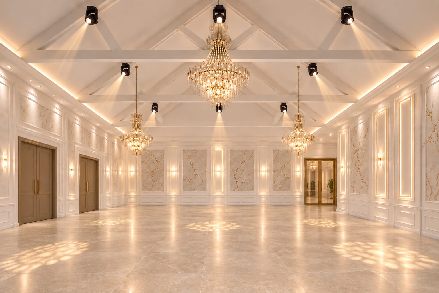 Grande salle aux tons ivoire, ornée de lustres et de moulures dorées